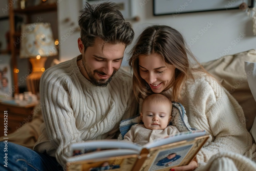 Couple Viewing Baby's Photo Album From Above on a White Background Couple Viewing Baby's Photo Album From Above on a White Background