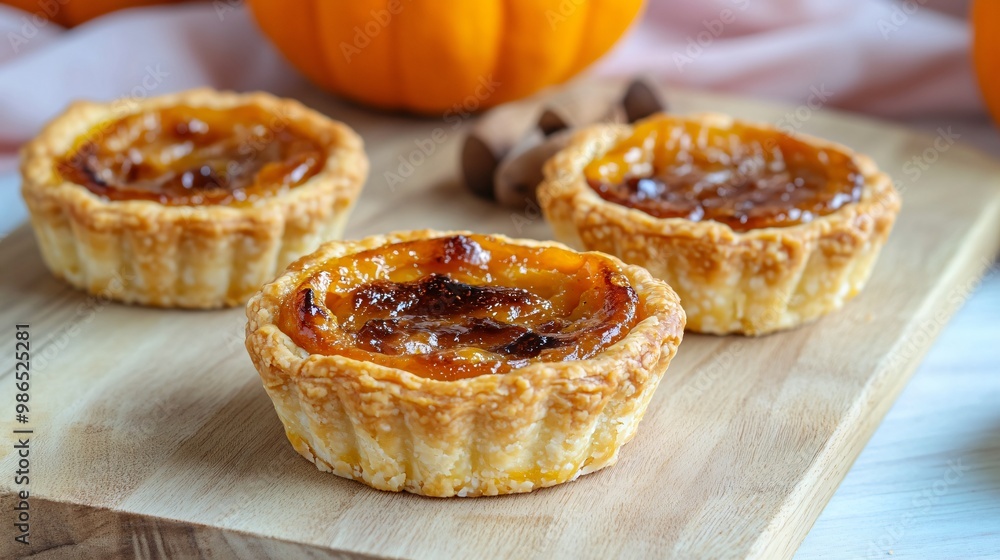 Mini pumpkin tarts with flaky pastry, isolated on a light wooden cutting board with a pastel backdrop Mini pumpkin tarts with flaky pastry, isolated on a light wooden cutting board with a pastel backdrop