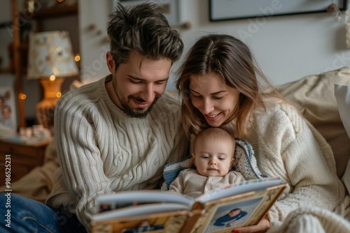 Couple Viewing Baby's Photo Album From Above on a White Background