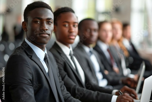 Title: Row of Young Business Executives Working on Computers