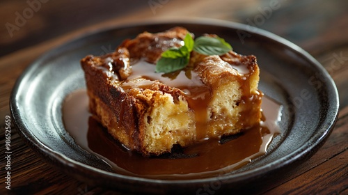 Pumpkin bread pudding with caramel sauce, isolated on a rustic ceramic plate with a dark wood background