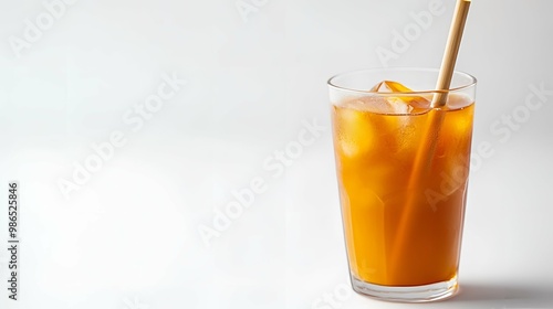 Thai Iced Tea in a Glass with Ice and a Straw. photo