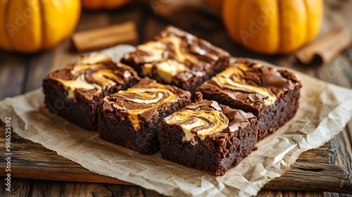 Pumpkin chocolate brownies with a swirl of cream cheese, arranged on a rustic wooden table