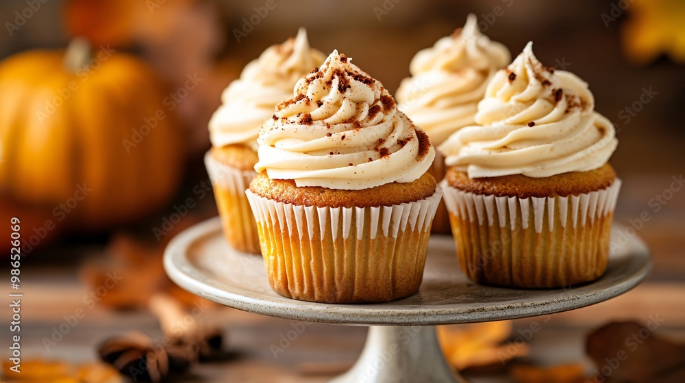 Pumpkin cupcakes with cream cheese frosting and cinnamon sprinkles, arranged on a cake stand, isolated on a fall-themed background Pumpkin cupcakes with cream cheese frosting and cinnamon sprinkles, arranged on a cake stand, isolated on a fall-themed background