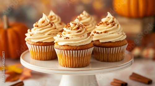 Pumpkin cupcakes with cream cheese frosting and cinnamon sprinkles, arranged on a cake stand, isolated on a fall-themed background