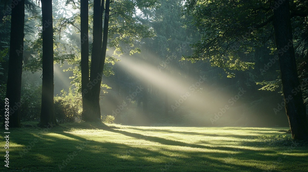 Obraz premium Sunbeams Streaking Through a Misty Forest Clearing