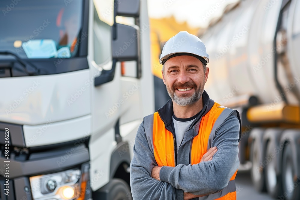 Confident truck driver in safety gear smiling while standing in front of his tanker truck on a sunny day Confident truck driver in safety gear smiling while standing in front of his tanker truck on a sunny day