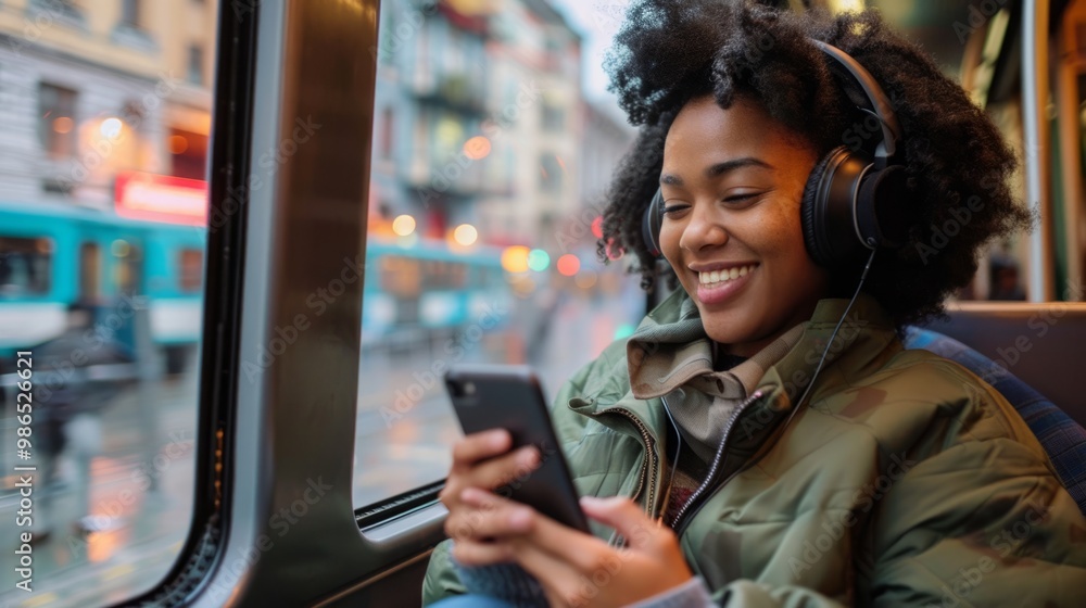 Young woman enjoying music on a smartphone while traveling on a train during a rainy day in the city Young woman enjoying music on a smartphone while traveling on a train during a rainy day in the city