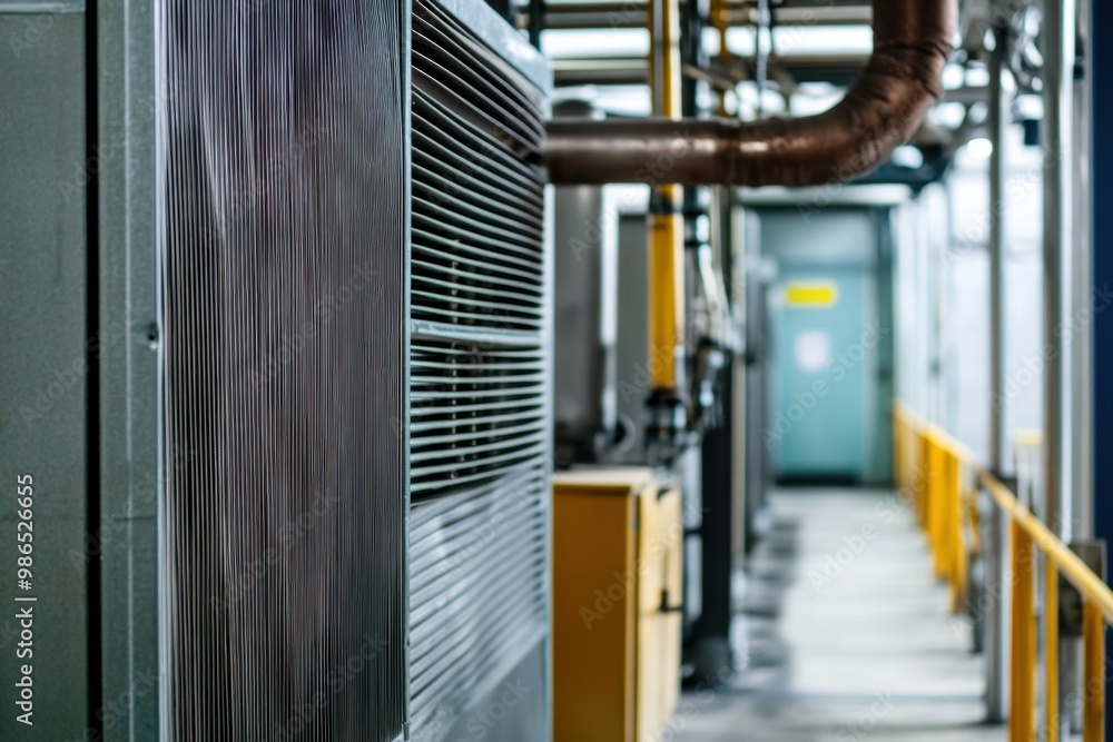 Industrial machinery and piping in a large manufacturing facility corridor during daytime Industrial machinery and piping in a large manufacturing facility corridor during daytime