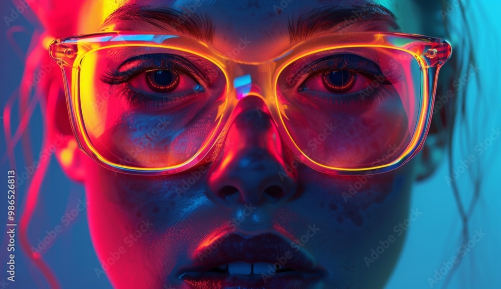 A close-up portrait of a model wearing neon glasses, showcasing vibrant colors and striking features under dramatic lighting A close-up portrait of a model wearing neon glasses, showcasing vibrant colors and striking features under dramatic lighting