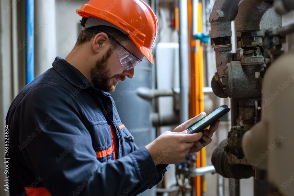 Industrial Worker Examining Machinery with Smartphone Industrial Worker Examining Machinery with Smartphone