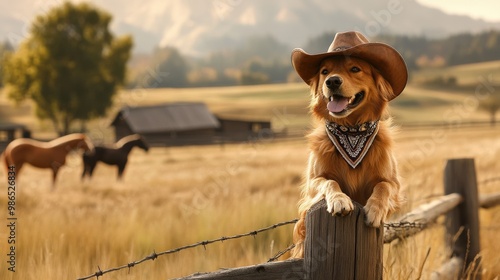A cheerful dog wearing a cowboy hat and a bandana lounges on a wooden fence, enjoying a sunny day, while horses graze peacefully in the background