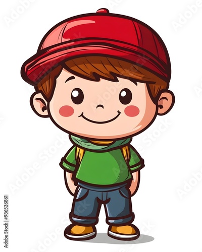 A cute cartoon illustration of a young boy with brown hair, wearing a red cap, green shirt, and blue pants, smiling.