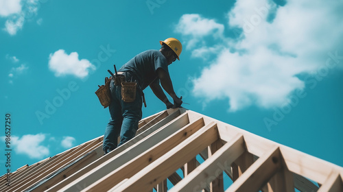 Wallpaper Mural The construction of a roof is captured mid-process, with a worker hammering nails into wooden trusses, surrounded by an expanse of sky and nearby trees. Torontodigital.ca
