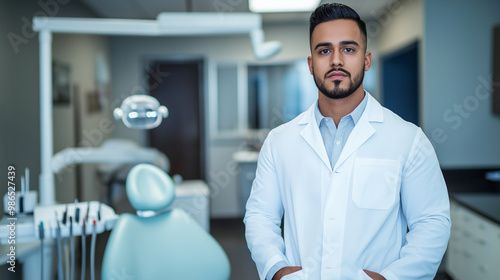 A young dentist stands proudly in his consulting room, his hands in the pockets of his white coat, with the gleaming chair and dental tools neatly arranged in the background. photo