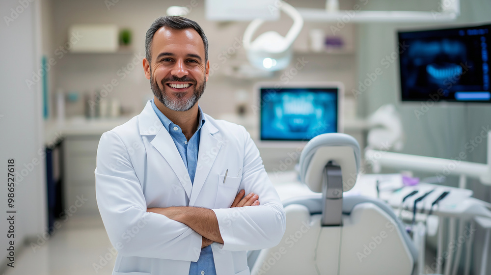 A professional dentist stands proudly, smiling next to his chair and tools, with the clean lines of a modern clinic adding to the professional atmosphere. A professional dentist stands proudly, smiling next to his chair and tools, with the clean lines of a modern clinic adding to the professional atmosphere.