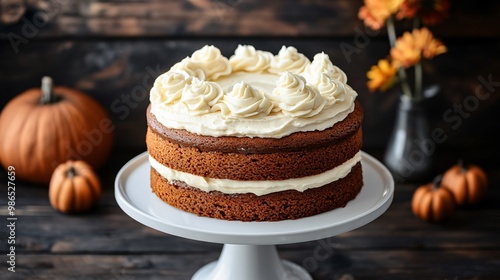 Wallpaper Mural Pumpkin spice cake with layers of cream cheese frosting, isolated on a white cake stand with a dark wood background Torontodigital.ca