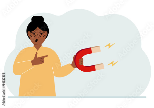 A woman holds a huge magnet in his hand, attracts new customers, money and ideas. Inbound business marketing technologies, lead generation concept.