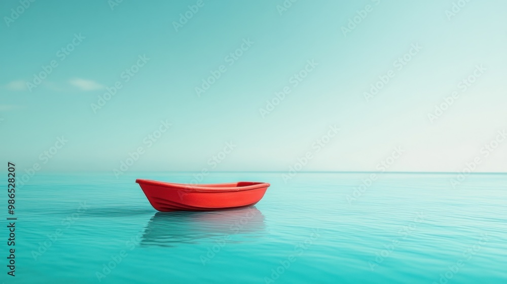 Close up of a minimalist red toy boat floating on calm turquoise water with a clear blue sky in the background. Ai generated image Close up of a minimalist red toy boat floating on calm turquoise water with a clear blue sky in the background. Ai generated image