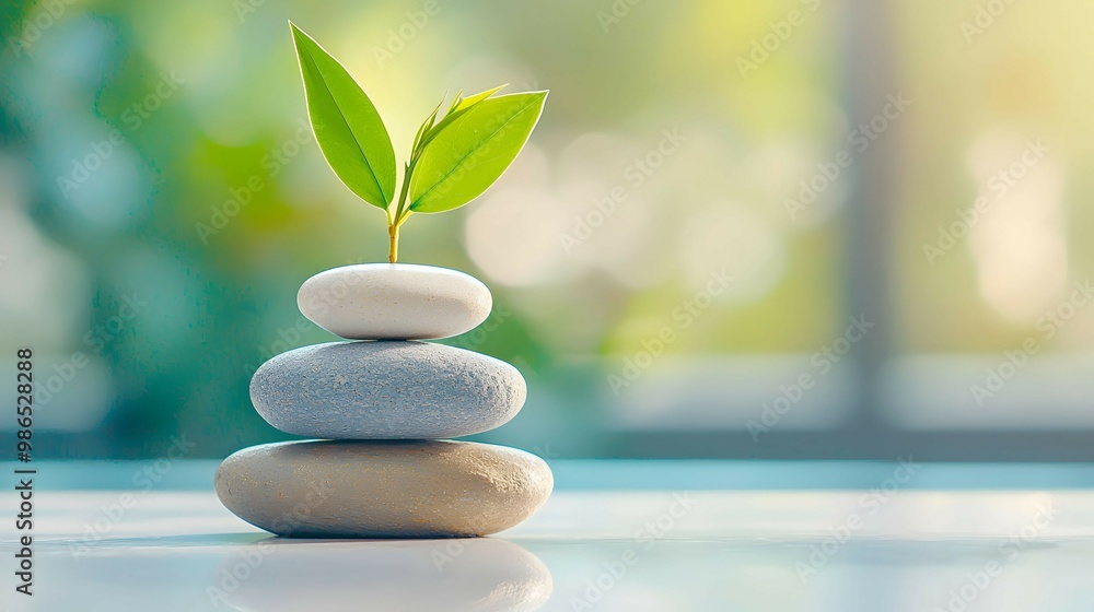 Obraz premium Zen Stones with Green Plant Tranquil Meditation and Balance Concept