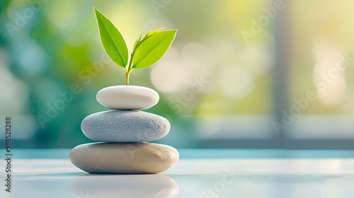 Zen Stones with Green Plant Tranquil Meditation and Balance Concept