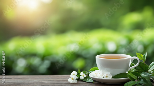 A cup of delicate jasmine tea, the white tea leaves and tiny flowers resting on a wooden table, with the expansive greenery of tea plants beyond.