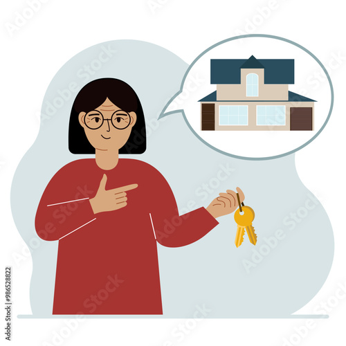 A woman holds the keys to the house, and in his thoughts a beautiful house. The concept of buying, renting, selling real estate.