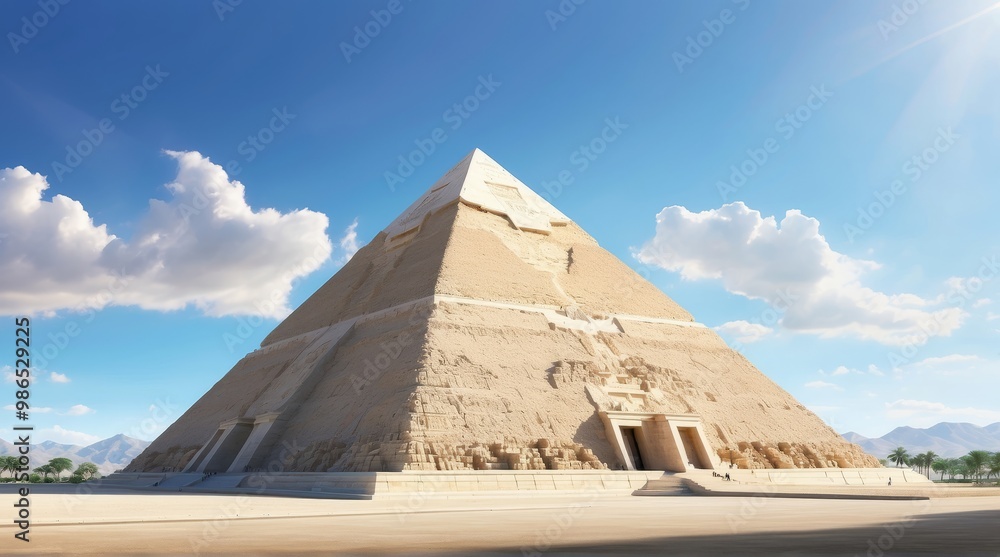 A majestic pyramid of gleaming white marble, its smooth surface reflecting the sun's rays, rises from the desert sands. Standing at 230 meters tall with a base of 146.6 meters
