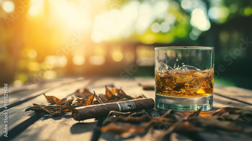 A cigar band shines in the sunlight, nestled among fresh and dried tobacco leaves on a rustic wooden table, with a glass of chilled whiskey sour nearby, the plantation behind alive photo