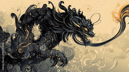 A Black Dragon With Golden Accents Emerging From Abstract Swirls