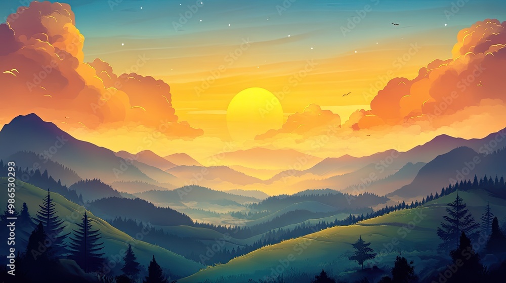 Sunset over a mountain range with fluffy clouds Sunset over a mountain range with fluffy clouds