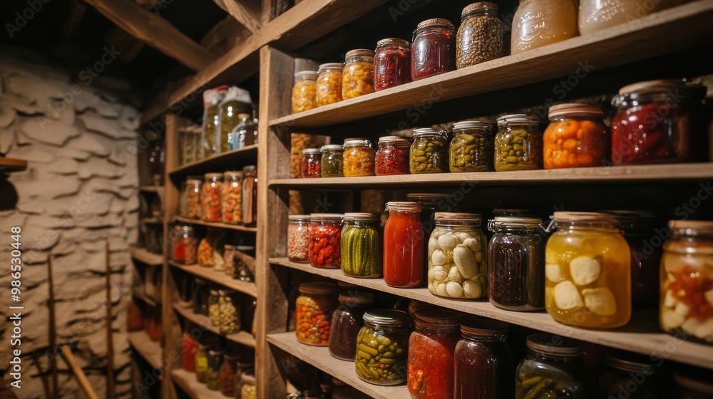 custom made wallpaper toronto digitalshelves with jars of pickled vegetables and fruits in the basement, well-lit low angle shot capturing the concept of home winter storage and preservation in a rustic setting