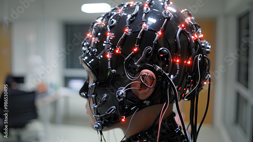 Person Wearing a Black Helmet With Red Lights and Wires