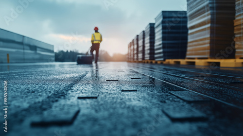 The worker applies the final layer of bitumen, sealing the rooftop of a large warehouse, with stacks of materials ready for the next phase of construction visible in the background photo