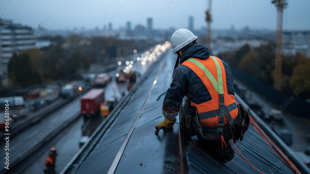 custom made wallpaper toronto digitalA worker in a safety harness applies bitumen waterproofing material on a slanted roof, the construction site active with cranes and trucks below.