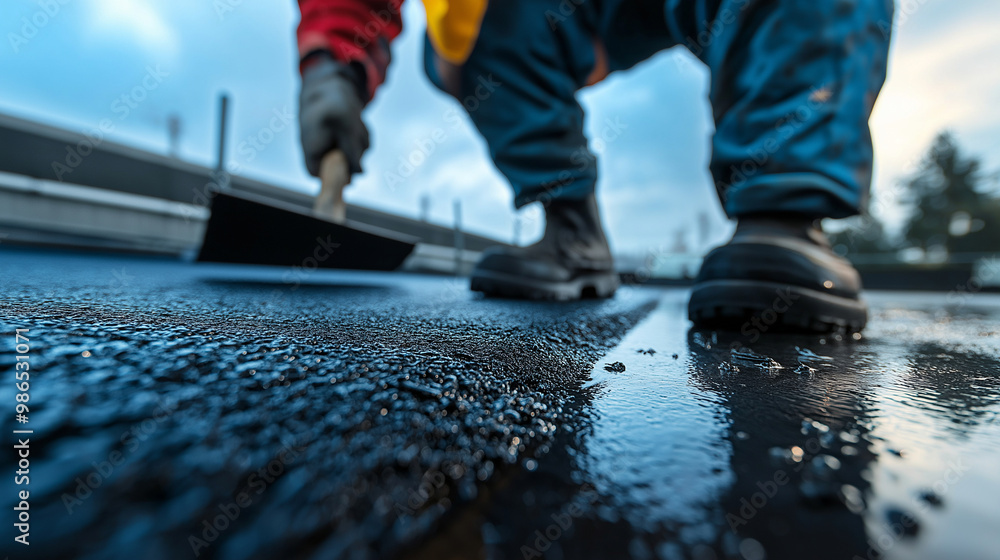 A detailed shot of a worker using a trowel to smooth out a layer of adhesive under the bitumen membrane, the texture of the rooftop clearly visible under the harsh sunlight. A detailed shot of a worker using a trowel to smooth out a layer of adhesive under the bitumen membrane, the texture of the rooftop clearly visible under the harsh sunlight.
