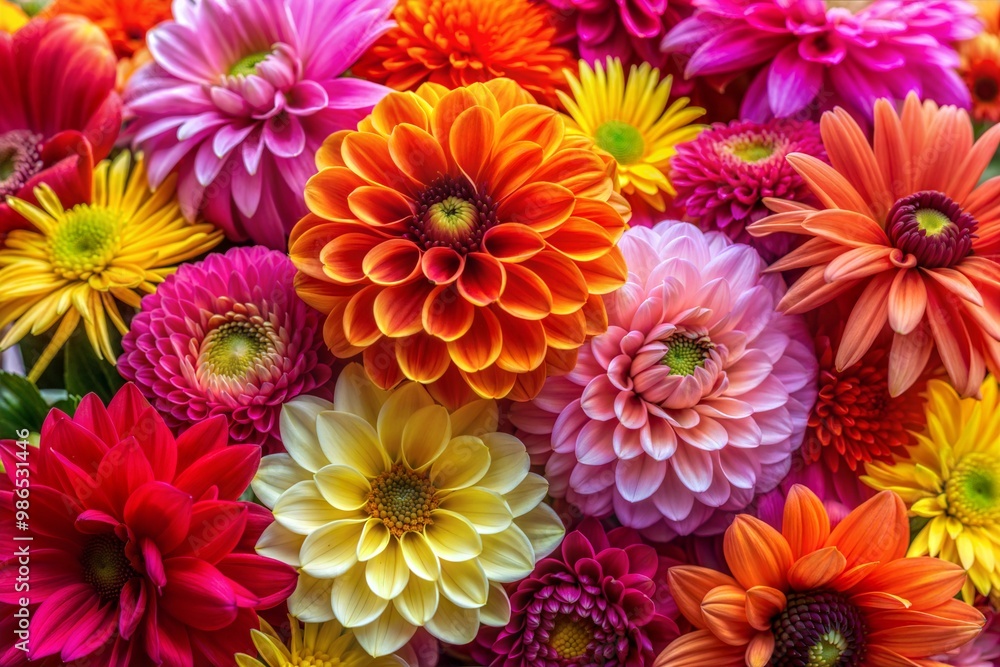 Close-up of dahlias and gerberas in vibrant floral bouquet Close-up of dahlias and gerberas in vibrant floral bouquet