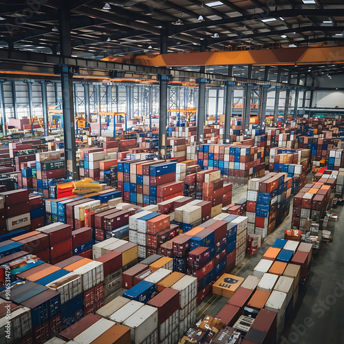 A photo of a large warehouse filled with goods in Taiwan. The warehouse is filled with containers stacked high. There are cranes in the background.