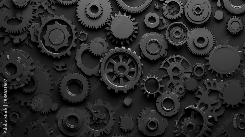 A Collection of Black Cogwheels and Gears on a Dark Background A Collection of Black Cogwheels and Gears on a Dark Background