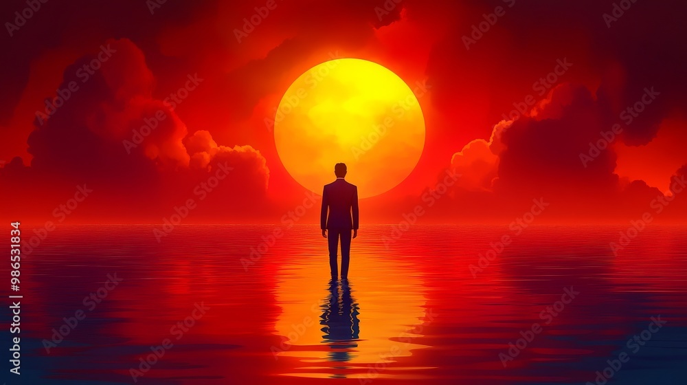 A lone figure stands in water, silhouetted by a vibrant sunset with deep reds and yellows, evoking solitude and reflection. A lone figure stands in water, silhouetted by a vibrant sunset with deep reds and yellows, evoking solitude and reflection.
