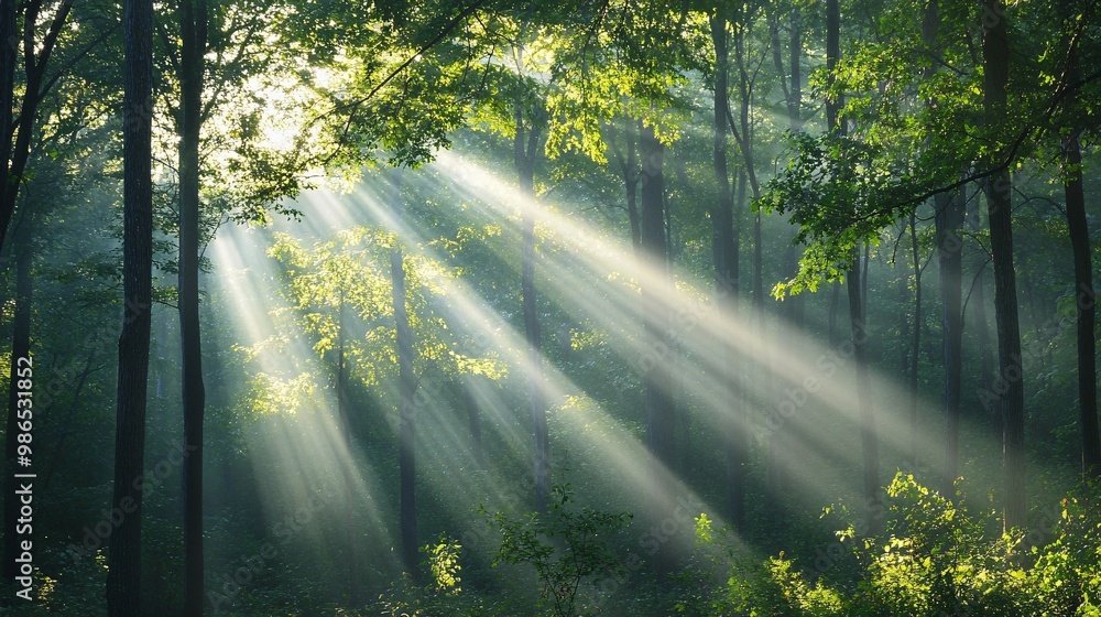 Fototapeta premium Sunbeams Piercing Through a Misty Forest