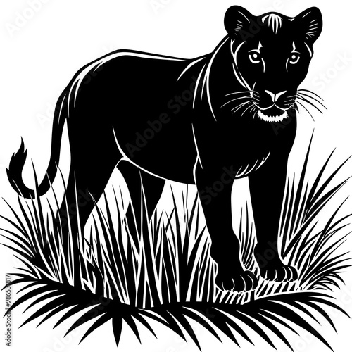 Stealthy Lioness Silhouette in Tall Grass  Vector Art