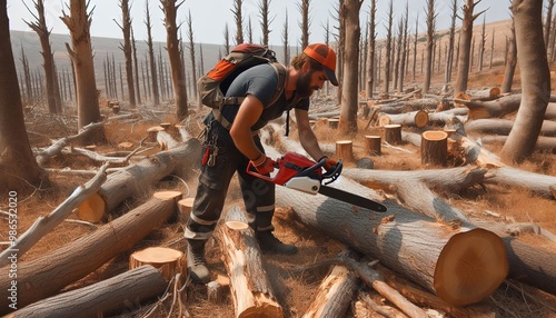 Lumberjack Cutting Down Trees in a Deforested Forest.