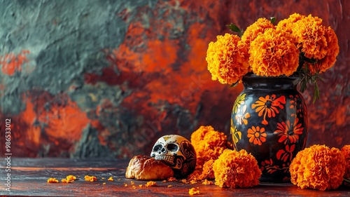 Day of the dead, Dia De Los Muertos Celebration Background With Skull, calaverita vase, marigolds or cempasuchil flowers, bread of death or Pan de Muerto with Copy Space. Traditional Mexican culture photo