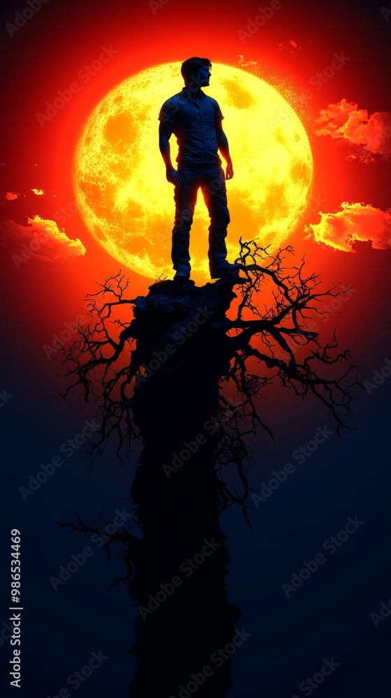 A silhouetted figure stands on a rocky peak under a glowing moon, representing strength, solitude, and mystery in nature's beauty. A silhouetted figure stands on a rocky peak under a glowing moon, representing strength, solitude, and mystery in nature's beauty.