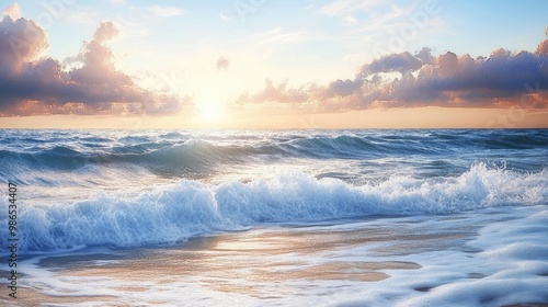 Foamy Ocean Waves Crashing on Sandy Shore at Sunset