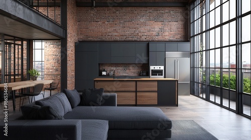 Wallpaper Mural A stylish, modern kitchen with industrial accents, featuring dark cabinetry, a spacious layout, and large windows allowing for abundant natural light. Torontodigital.ca