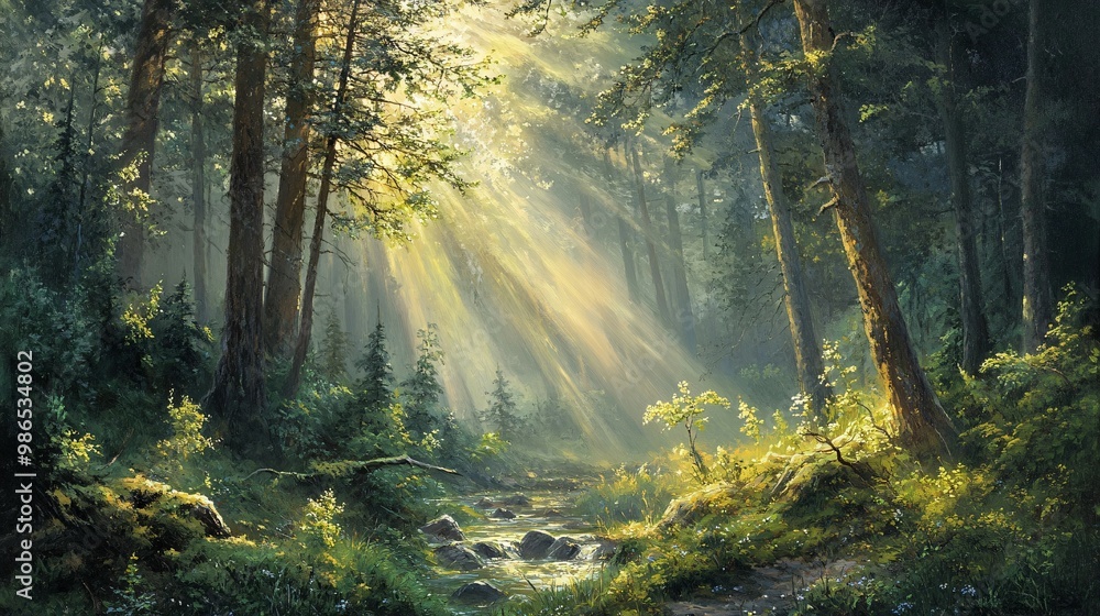 Fototapeta premium Sunbeams Filtering Through a Lush Forest With a Stream