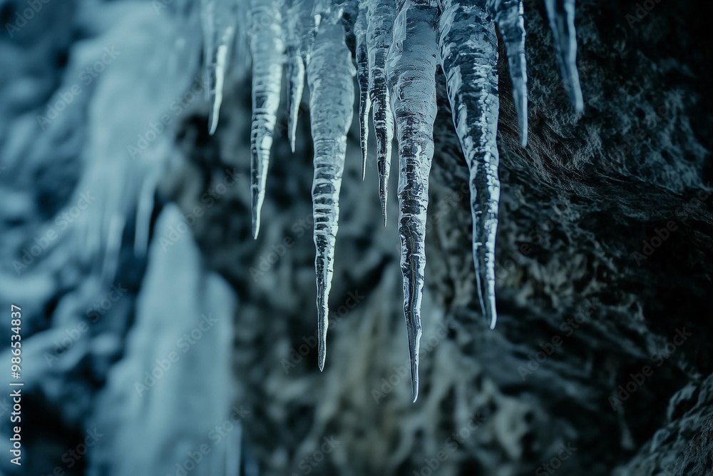 Close-up of sharp icicles on rocky surface Close-up of sharp icicles on rocky surface