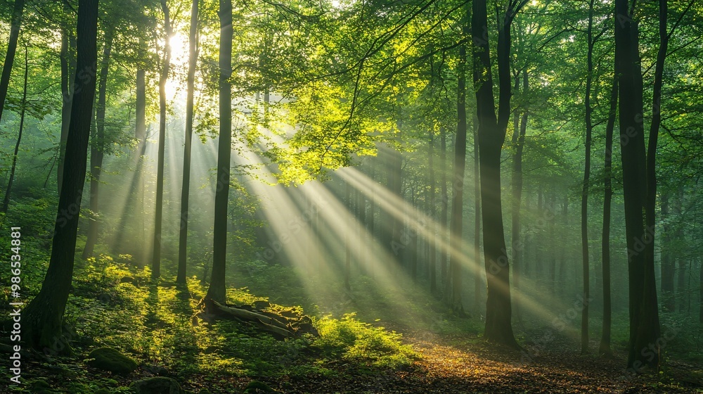 Fototapeta premium Sunbeams Illuminating a Misty Forest Path